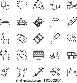 Thin Line Icon Set - heart vector, monitor pulse, molecule, stethoscope, syringe, blood pressure, dropper, thermometer, diagnostic, scales, pills, blister, patch, tomography, ambulance car, bike