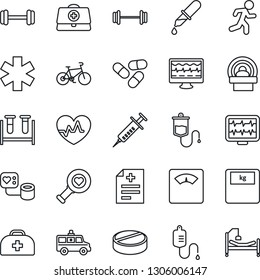 Thin Line Icon Set - heart pulse vector, monitor, doctor case, diagnosis, syringe, blood pressure, test vial, dropper, diagnostic, scales, pills, tomography, ambulance star, car, barbell, bike, run