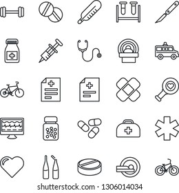 Thin Line Icon Set - heart vector, monitor pulse, doctor case, diagnosis, stethoscope, syringe, blood test vial, thermometer, diagnostic, pills, bottle, ampoule, scalpel, patch, tomography, car
