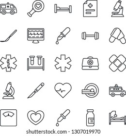 Thin Line Icon Set - heart vector, pulse, monitor, doctor case, diagnosis, blood test vial, dropper, diagnostic, microscope, scales, pills, ampoule, scalpel, patch, tomography, ambulance star, car