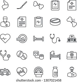 Thin Line Icon Set - heart pulse vector, doctor case, diagnosis, stethoscope, blood pressure, pills, ampoule, scalpel, tomography, ambulance car, hospital bed, stomach, broken bone, clipboard