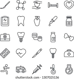 Thin Line Icon Set - heart vector, pulse, doctor case, molecule, syringe, blood pressure, dropper, pills bottle, blister, ampoule, scalpel, ambulance car, run, hospital bed, hand, real, tooth, flask