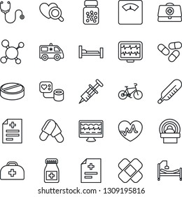 Thin Line Icon Set - heart pulse vector, monitor, doctor case, diagnosis, molecule, stethoscope, syringe, blood pressure, thermometer, diagnostic, scales, pills, bottle, patch, tomography, bike