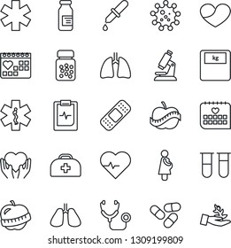Thin Line Icon Set - heart pulse vector, doctor case, stethoscope, blood test vial, dropper, microscope, scales, pills, bottle, ampoule, patch, ambulance star, hand, lungs, medical calendar, diet