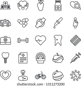 Thin Line Icon Set - heart vector, pulse, doctor case, diagnosis, syringe, dropper, diagnostic, pills, bottle, blister, tomography, ambulance car, barbell, bike, hand, real, caries, implant, joint