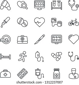 Thin Line Icon Set - heart vector, pulse, monitor, doctor case, stethoscope, blood pressure, test vial, dropper, diagnostic, pills, bottle, blister, scalpel, tomography, bike, run, hospital bed