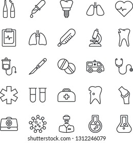 Thin Line Icon Set - heart pulse vector, doctor case, stethoscope, blood test vial, dropper, thermometer, microscope, pills, ampoule, scalpel, ambulance star, car, lungs, caries, implant, joint