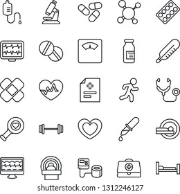 Thin Line Icon Set - heart vector, pulse, monitor, doctor case, diagnosis, molecule, stethoscope, blood pressure, dropper, thermometer, diagnostic, microscope, scales, pills, blister, ampoule, patch
