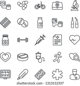 Thin Line Icon Set - heart vector, pulse, monitor, doctor case, diagnosis, syringe, blood pressure, dropper, thermometer, diagnostic, microscope, pills, bottle, blister, ampoule, ambulance star, run