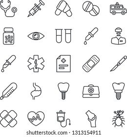 Thin Line Icon Set - heart pulse vector, doctor case, diagnosis, stethoscope, syringe, blood test vial, dropper, thermometer, pills, bottle, scalpel, patch, ambulance star, car, stomach, implant