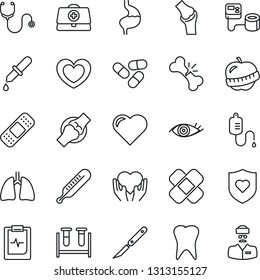 Thin Line Icon Set - heart vector, doctor case, stethoscope, blood pressure, test vial, dropper, thermometer, pills, scalpel, patch, shield, hand, stomach, lungs, tooth, eye, joint, broken bone