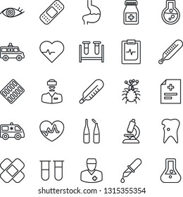 Thin Line Icon Set - heart pulse vector, diagnosis, blood test vial, dropper, thermometer, microscope, pills bottle, blister, ampoule, patch, ambulance car, stomach, caries, eye, clipboard, doctor