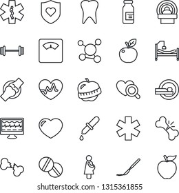 Thin Line Icon Set - heart pulse vector, monitor, dropper, diagnostic, scales, pills, ampoule, scalpel, tomography, ambulance star, barbell, shield, hospital bed, tooth, joint, broken bone, diet