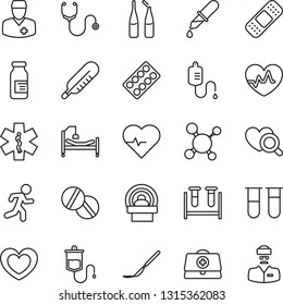 Thin Line Icon Set - heart vector, pulse, doctor case, molecule, stethoscope, blood test vial, dropper, thermometer, diagnostic, pills, blister, ampoule, scalpel, patch, tomography, ambulance star
