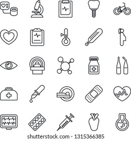 Thin Line Icon Set - heart vector, pulse, monitor, doctor case, molecule, syringe, blood pressure, dropper, thermometer, microscope, pills bottle, blister, ampoule, patch, tomography, bike, real