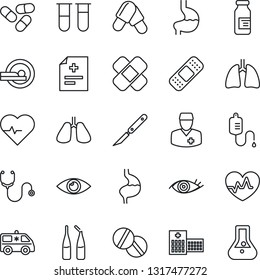 Thin Line Icon Set - heart pulse vector, diagnosis, stethoscope, blood test vial, dropper, pills, ampoule, scalpel, patch, tomography, ambulance car, stomach, lungs, eye, hospital, doctor, flask
