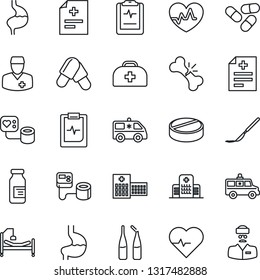 Thin Line Icon Set - heart pulse vector, doctor case, diagnosis, blood pressure, pills, ampoule, scalpel, ambulance car, hospital bed, stomach, broken bone, clipboard