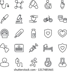 Thin Line Icon Set - heart vector, molecule, stethoscope, syringe, blood pressure, dropper, thermometer, microscope, pills, ampoule, tomography, bike, run, shield, hospital bed, disabled, hand