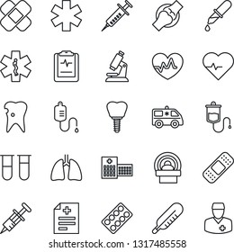 Thin Line Icon Set - heart pulse vector, diagnosis, syringe, blood test vial, dropper, thermometer, microscope, pills blister, patch, tomography, ambulance star, car, lungs, caries, implant, joint