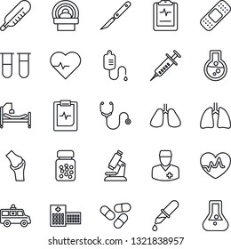 Thin Line Icon Set - heart pulse vector, stethoscope, syringe, blood test vial, dropper, thermometer, microscope, pills, bottle, scalpel, patch, tomography, ambulance car, hospital bed, lungs, joint