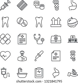 Thin Line Icon Set - heart pulse vector, doctor case, diagnosis, stethoscope, syringe, blood pressure, dropper, pills, blister, patch, stomach, tooth, caries, clipboard, diet, hospital, up side sign