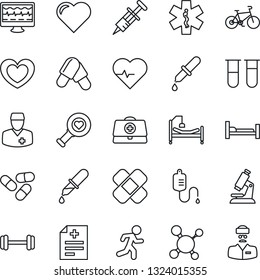 Thin Line Icon Set - heart vector, pulse, monitor, doctor case, diagnosis, molecule, syringe, blood test vial, dropper, diagnostic, microscope, pills, patch, ambulance star, barbell, bike, run