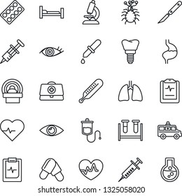 Thin Line Icon Set - heart pulse vector, doctor case, syringe, blood test vial, dropper, thermometer, microscope, pills, blister, scalpel, tomography, ambulance car, hospital bed, stomach, lungs