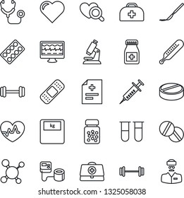 Thin Line Icon Set - heart vector, pulse, monitor, doctor case, diagnosis, molecule, stethoscope, syringe, blood pressure, test vial, thermometer, diagnostic, microscope, scales, pills, bottle