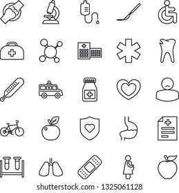 Thin Line Icon Set - heart vector, doctor case, diagnosis, molecule, blood test vial, dropper, thermometer, microscope, pills bottle, scalpel, patch, ambulance star, car, bike, shield, disabled