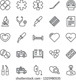 Thin Line Icon Set - heart vector, pulse, diagnosis, stethoscope, blood test vial, dropper, diagnostic, microscope, pills, blister, ampoule, scalpel, patch, tomography, ambulance star, car, doctor