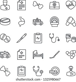 Thin Line Icon Set - heart pulse vector, doctor case, diagnosis, stethoscope, blood pressure, pills, scalpel, tomography, ambulance car, hospital bed, stomach, broken bone, clipboard