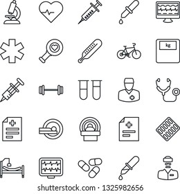 Thin Line Icon Set - heart pulse vector, monitor, diagnosis, stethoscope, syringe, blood test vial, dropper, thermometer, diagnostic, microscope, scales, pills, blister, tomography, ambulance star
