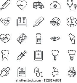 Thin Line Icon Set - heart pulse vector, doctor case, diagnosis, stethoscope, syringe, blood test vial, dropper, thermometer, pills, blister, ampoule, tomography, ambulance star, car, stomach, eye