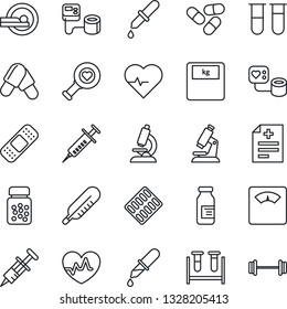 Thin Line Icon Set - heart pulse vector, diagnosis, syringe, blood pressure, test vial, dropper, thermometer, diagnostic, microscope, scales, pills, bottle, blister, ampoule, patch, tomography