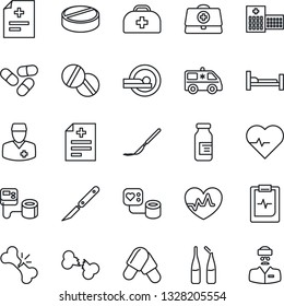 Thin Line Icon Set - heart pulse vector, doctor case, diagnosis, blood pressure, pills, ampoule, scalpel, tomography, ambulance car, hospital bed, broken bone, clipboard