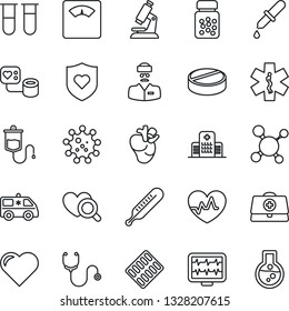 Thin Line Icon Set - heart vector, pulse, monitor, doctor case, molecule, stethoscope, blood pressure, test vial, dropper, thermometer, diagnostic, microscope, scales, pills, bottle, blister, car