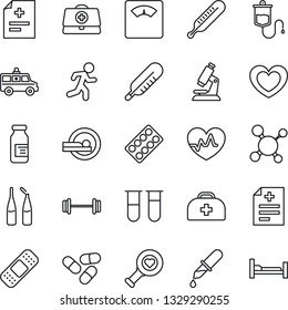 Thin Line Icon Set - heart vector, pulse, doctor case, diagnosis, molecule, blood test vial, dropper, thermometer, diagnostic, microscope, scales, pills, blister, ampoule, patch, tomography, barbell