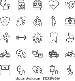 Thin Line Icon Set - heart pulse vector, doctor case, stethoscope, blood pressure, dropper, diagnostic, scales, pills, bottle, tomography, ambulance car, barbell, bike, run, shield, disabled, tooth