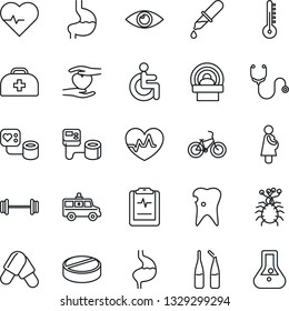 Thin Line Icon Set - heart pulse vector, doctor case, stethoscope, blood pressure, dropper, pills, ampoule, tomography, ambulance car, barbell, bike, disabled, hand, stomach, caries, eye, clipboard