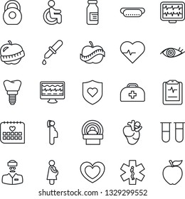 Thin Line Icon Set - heart vector, pulse, monitor, doctor case, blood test vial, dropper, ampoule, tomography, ambulance star, shield, disabled, real, implant, eye, medical calendar, clipboard, diet