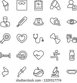 Thin Line Icon Set - heart vector, pulse, stethoscope, blood pressure, dropper, thermometer, diagnostic, microscope, scales, pills, ampoule, tomography, run, hospital bed, stomach, eye, joint, diet
