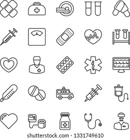 Thin Line Icon Set - heart vector, pulse, monitor, doctor case, stethoscope, syringe, blood pressure, test vial, dropper, thermometer, scales, pills, bottle, blister, patch, tomography, car