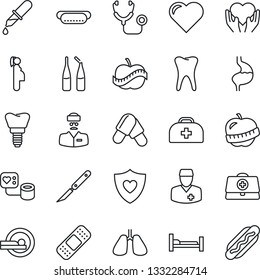 Thin Line Icon Set - heart vector, doctor case, stethoscope, blood pressure, dropper, pills, ampoule, scalpel, patch, tomography, shield, hospital bed, hand, stomach, lungs, tooth, implant, diet