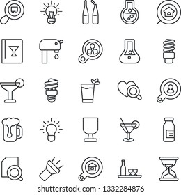 Thin Line Icon Set - heart diagnostic vector, ampoule, fragile, search cargo, torch, document, water supply, estate, client, alcohol, wine card, cocktail, phyto bar, beer, energy saving bulb, idea