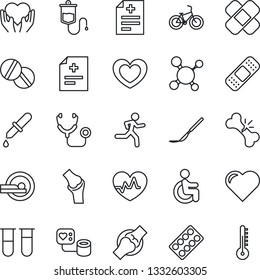 Thin Line Icon Set - heart vector, pulse, diagnosis, molecule, stethoscope, blood pressure, test vial, dropper, pills, blister, scalpel, patch, tomography, bike, run, disabled, hand, joint