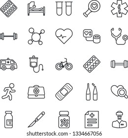Thin Line Icon Set - heart pulse vector, doctor case, diagnosis, molecule, stethoscope, blood pressure, test vial, dropper, diagnostic, pills bottle, blister, ampoule, scalpel, patch, ambulance star