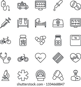 Thin Line Icon Set - heart pulse vector, monitor, doctor case, stethoscope, syringe, blood test vial, dropper, microscope, scales, pills, bottle, blister, tomography, ambulance star, car, bike