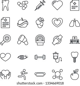 Thin Line Icon Set - heart vector, diagnosis, syringe, dropper, diagnostic, pills, tomography, barbell, run, hand, lungs, real, caries, implant, eye, joint, diet, hospital, molecule, hot dog