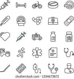 Thin Line Icon Set - heart vector, doctor case, diagnosis, stethoscope, syringe, blood pressure, dropper, thermometer, pills, bottle, blister, ampoule, scalpel, patch, tomography, ambulance star