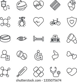 Thin Line Icon Set - heart pulse vector, molecule, stethoscope, dropper, thermometer, pills, blister, patch, bike, shield, hospital bed, disabled, stomach, real, eye, broken bone, diet, patient